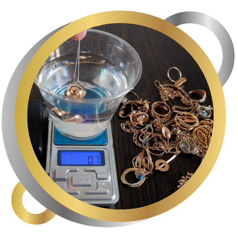 Pawnshop worker determines the ring of gold jewelry using the Hydrostatic weighing method by Archimedes law, evaluation of gold items in a pawnshop, fake gold, concept