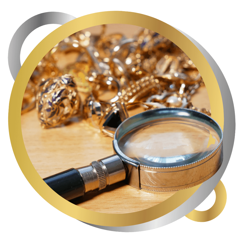 Many golden and silver jewerly and magnifying glass, pawnshop concept, jewerly shop concept, closeup
